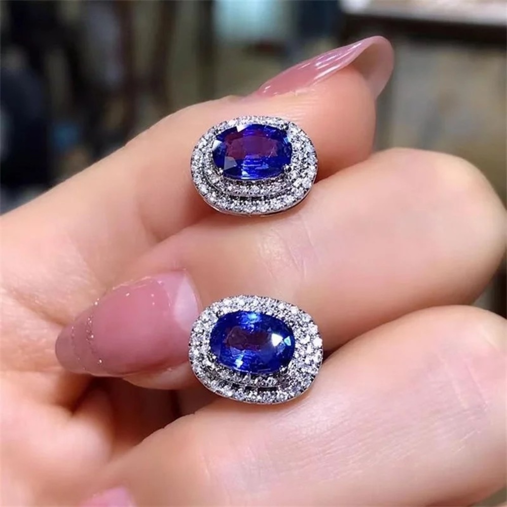 New Women’s 925 Silver Oval Cut Blue Sapphire Earrings - Picture 2 of 6